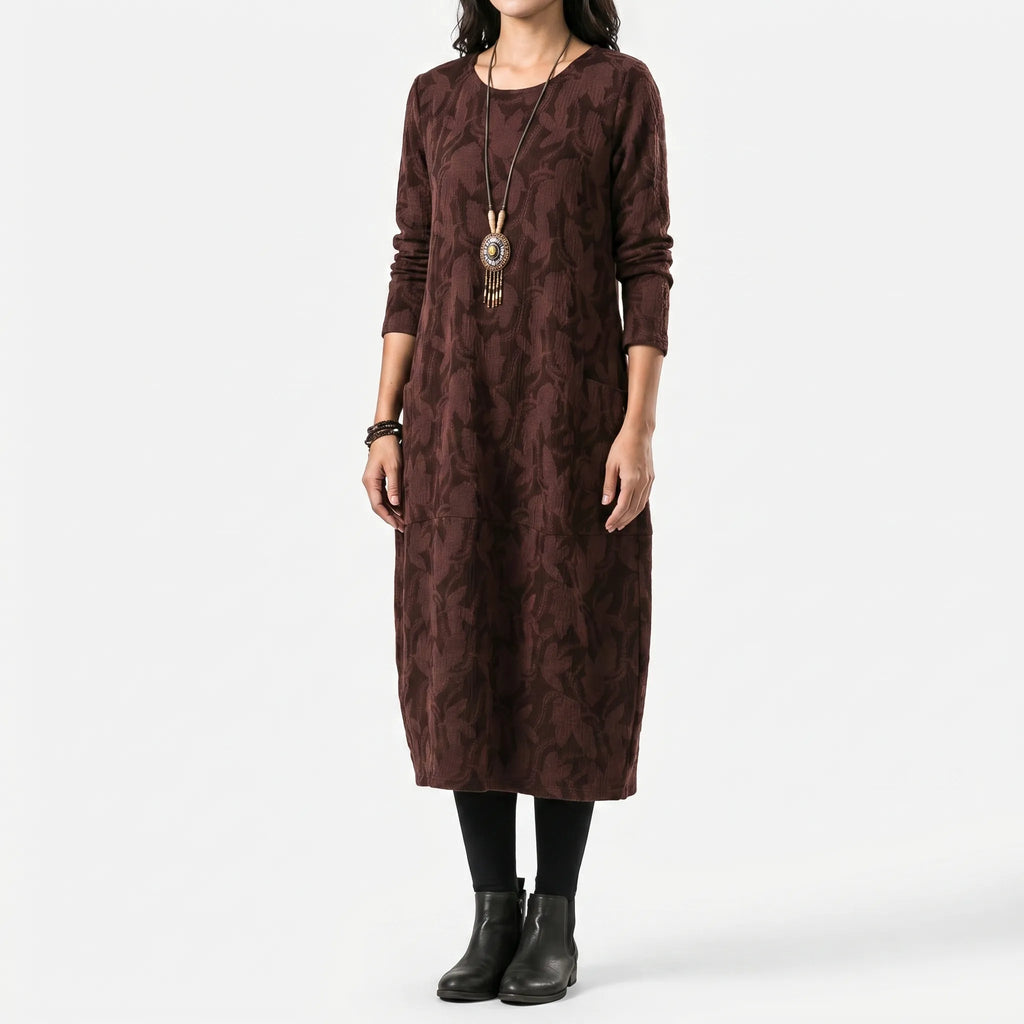 Women's Printed Midi Dress - Relaxed Fit with Long Sleeve