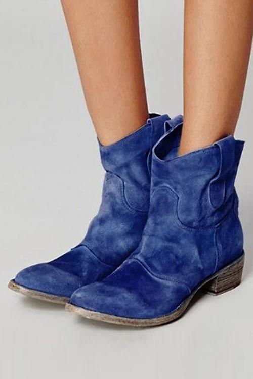 Women's Distressed Suede Western Ankle Boots with Low Stacked Heel - Dark Blue