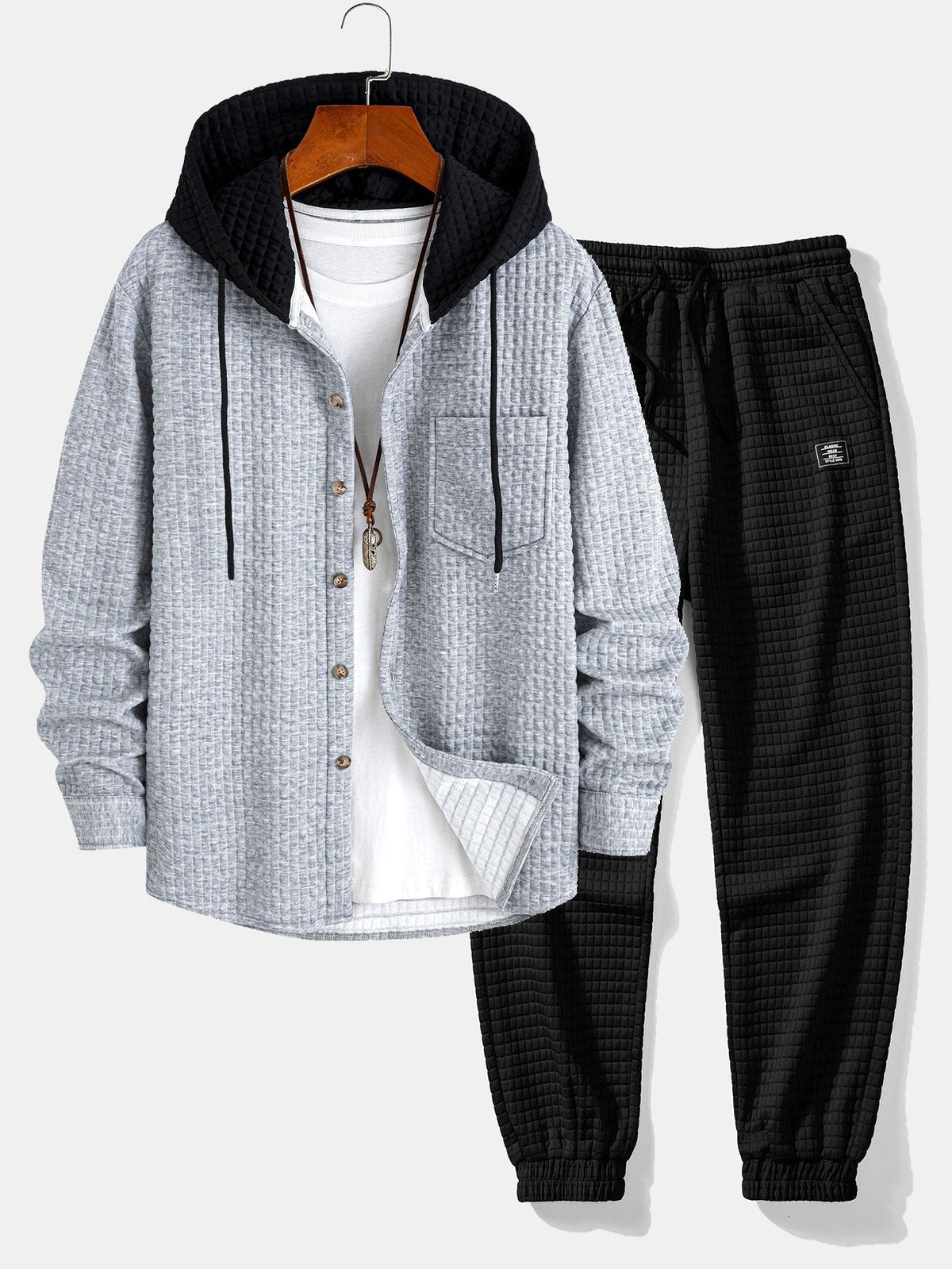 Men's Waffle Hooded Shirt and Jogger Set - Light Gray/Black