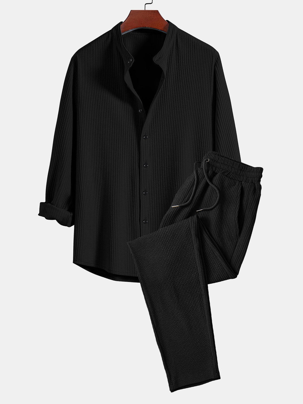 Men's Ribbed Stand-Collar Shirt and Trousers Set - Black