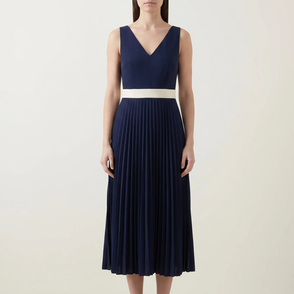V-Neck Pleated Midi Dress with Contrast Waist