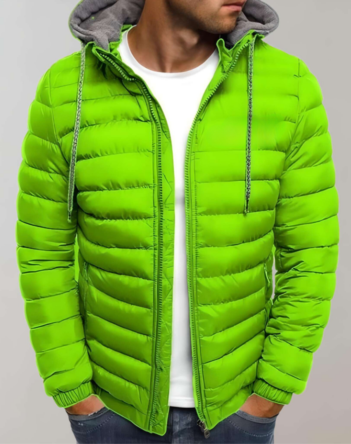 Men's Lightweight Padded Jacket with Hood and Elastic Cuffs - Neon Green