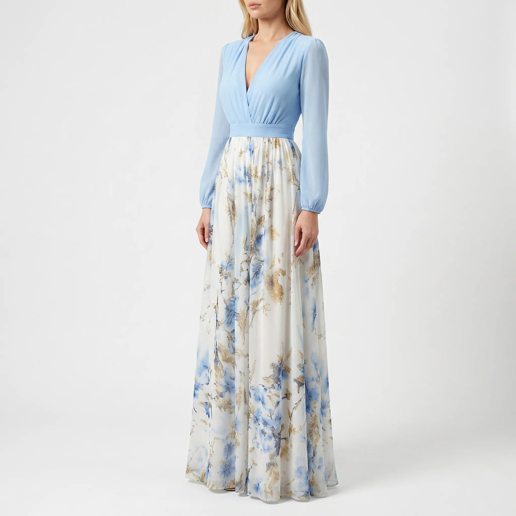 Floral Contrast-Bodice Maxi Dress
