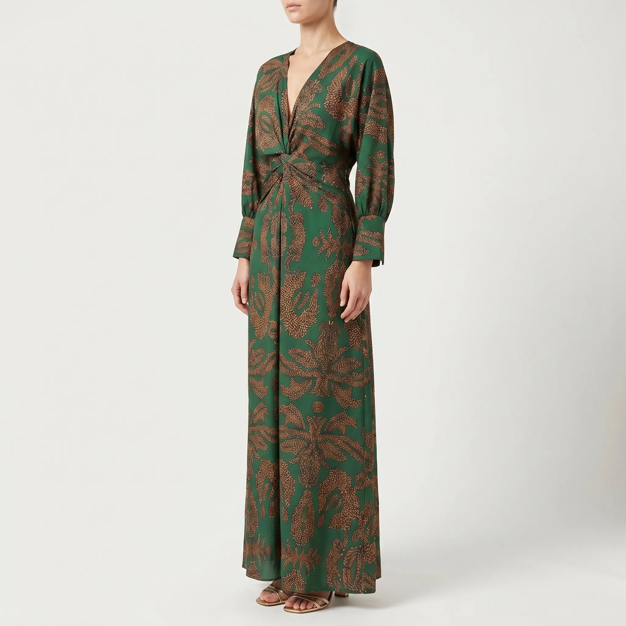 V-Neck Printed Maxi Dress with Twist Waist