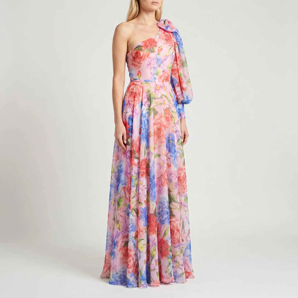 Floral One-Shoulder Maxi Dress with High Slit