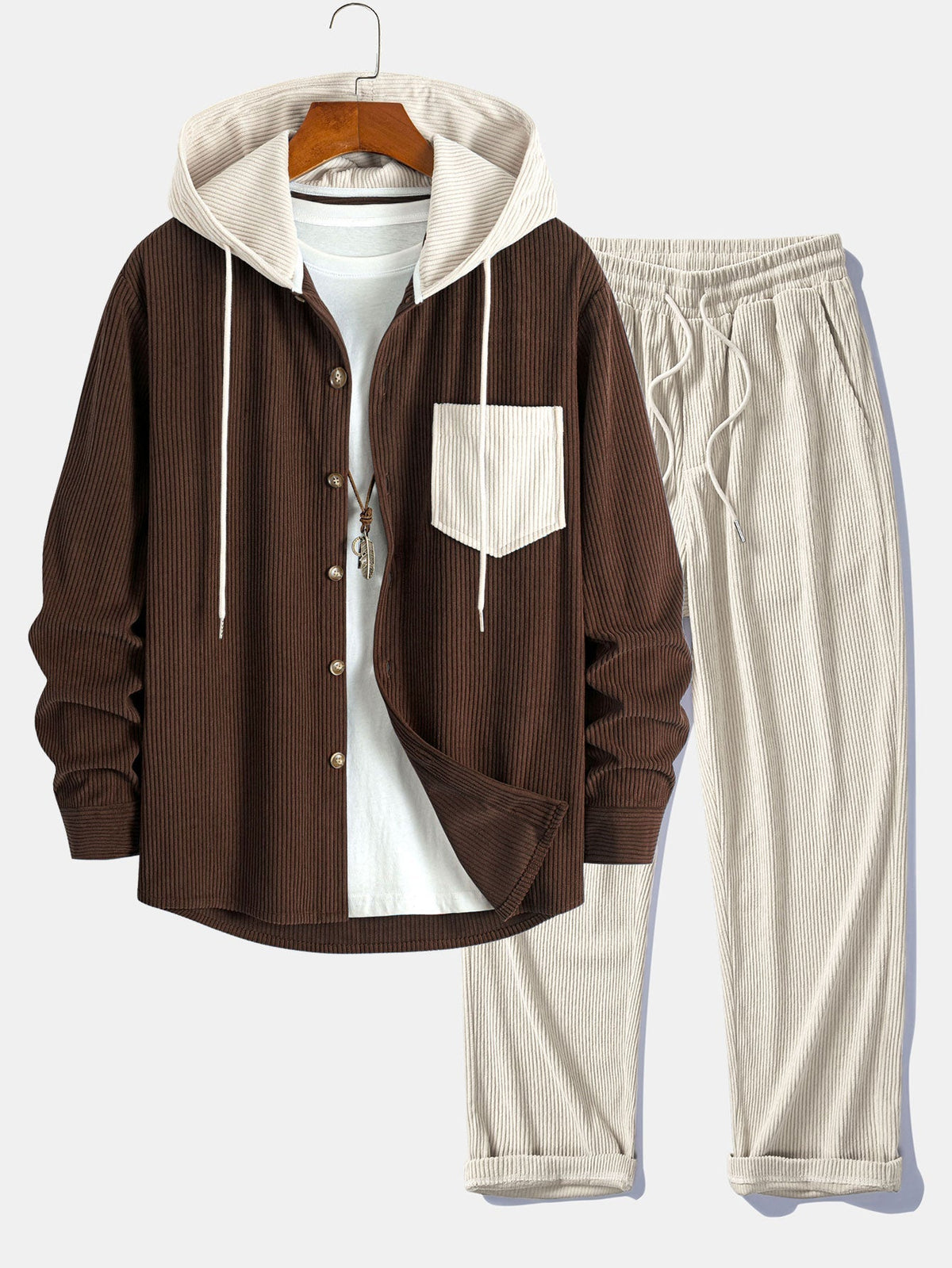 Men's Corduroy Hooded Overshirt and Straight-Leg Pants Set - Dark Brown/Beige
