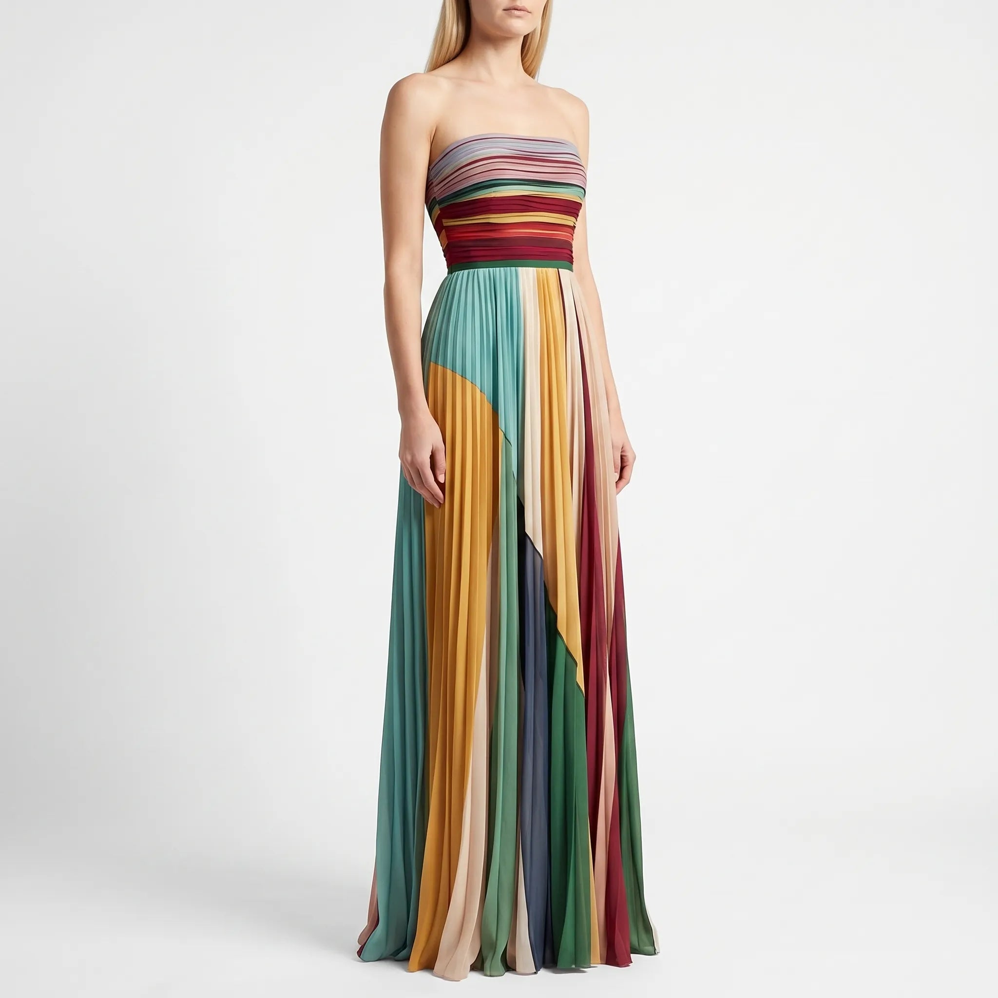 Strapless Pleated Colorblock Maxi Dress
