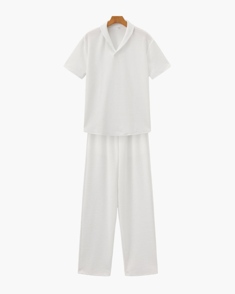 Men's Relaxed Polo Lounge Set with Wide-Leg Trousers - White