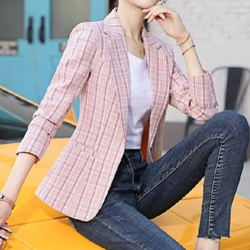 Women's Checked Single-Button Blazer Tailored Office Jacket for Smart Everyday Wear