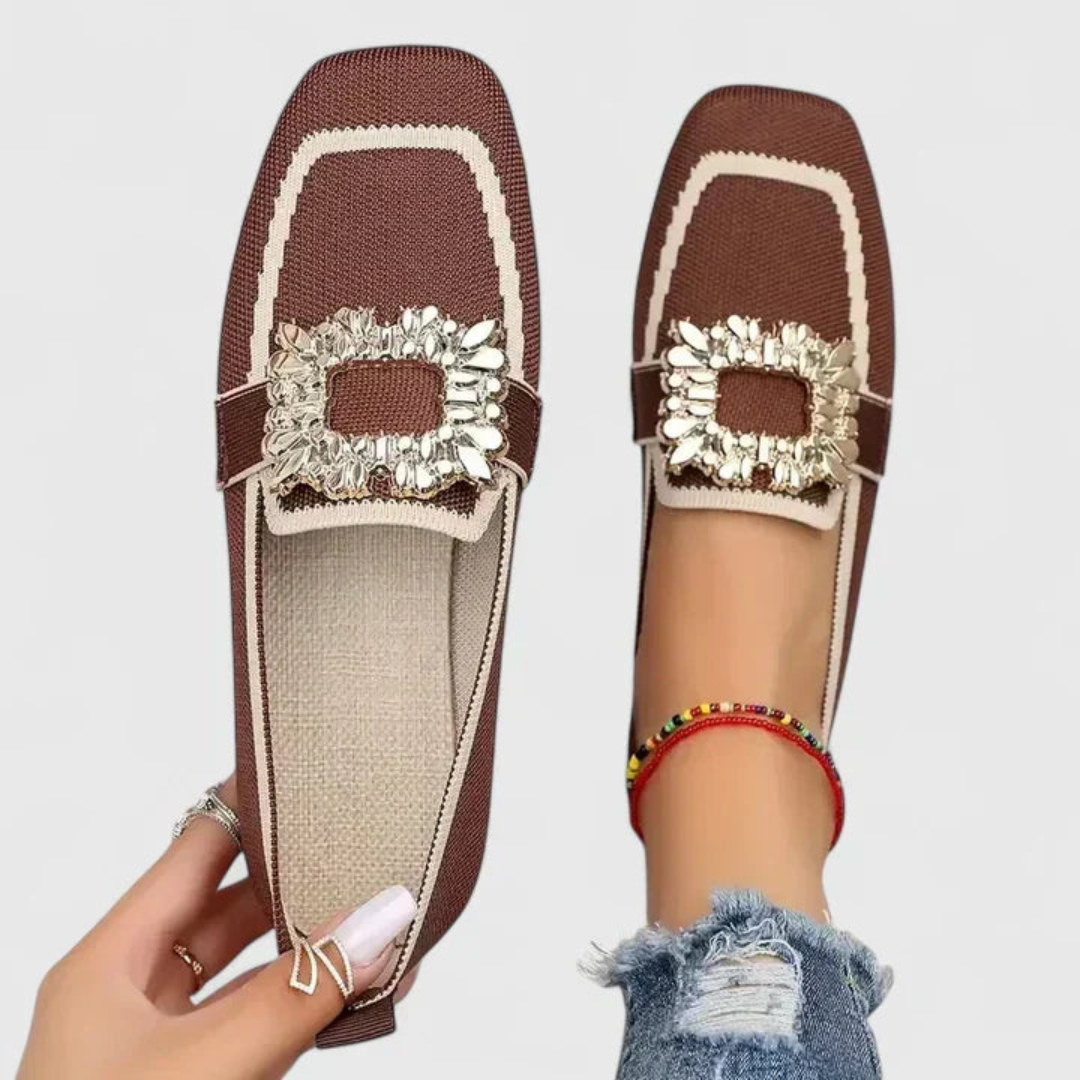 Women's Crystal Buckle Slip-On Loafers - Brown