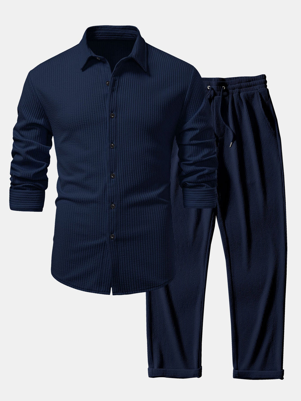 Men's Ribbed Muscle-Fit Shirt and Trousers Set - Navy Blue