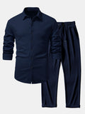 Men's Ribbed Muscle-Fit Shirt and Trousers Set - Navy Blue