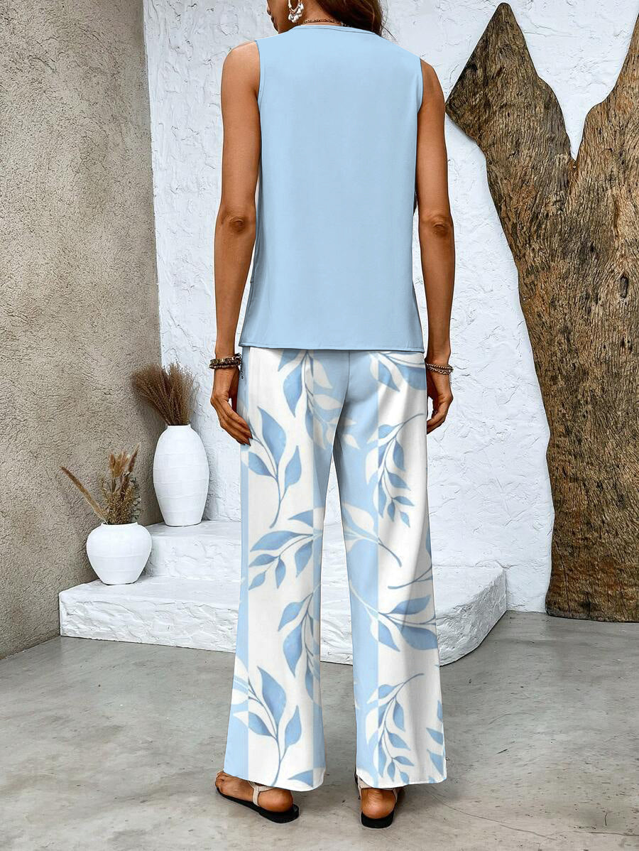 Women’s Leaf Print Wide-Leg Two-Piece Set