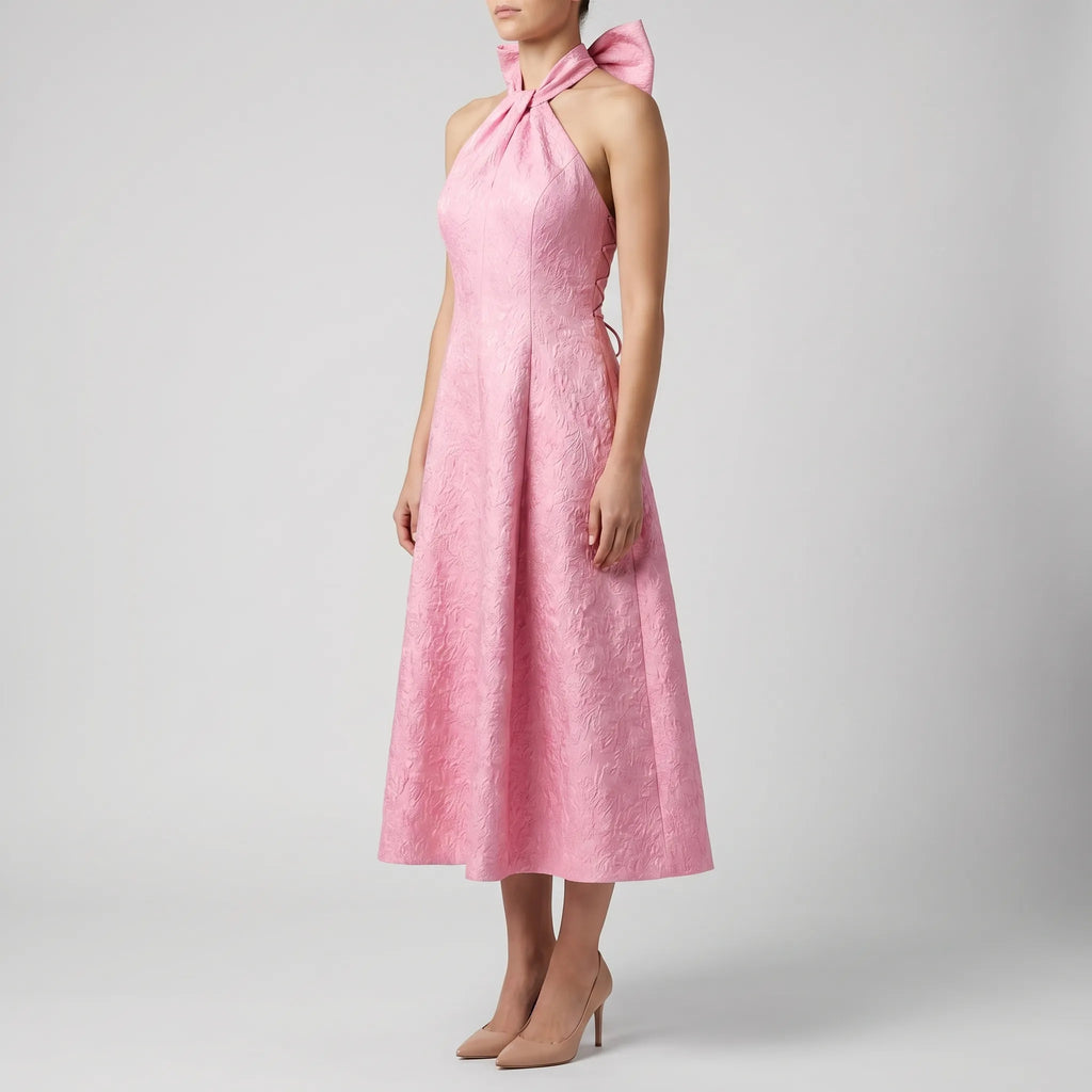 V-Neck Halter Midi Dress with Flared Skirt