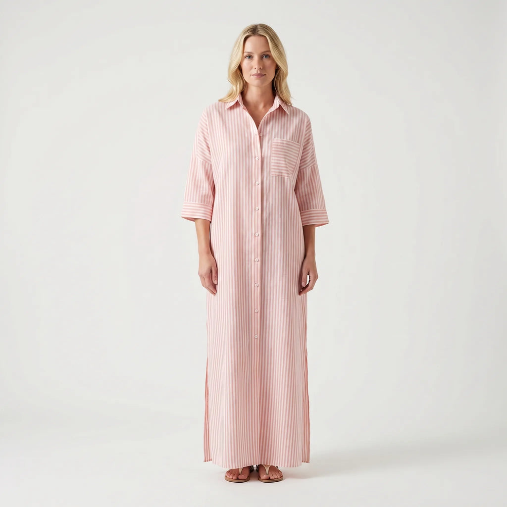 Women's Striped Shirt Dress - Maxi Button Down for Summer
