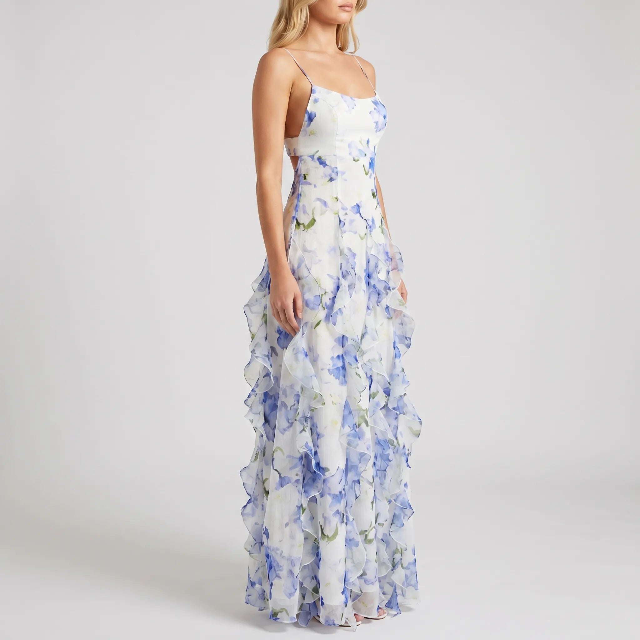 Women's Floral Ruffle Maxi Dress - Elegant Summer Occasion