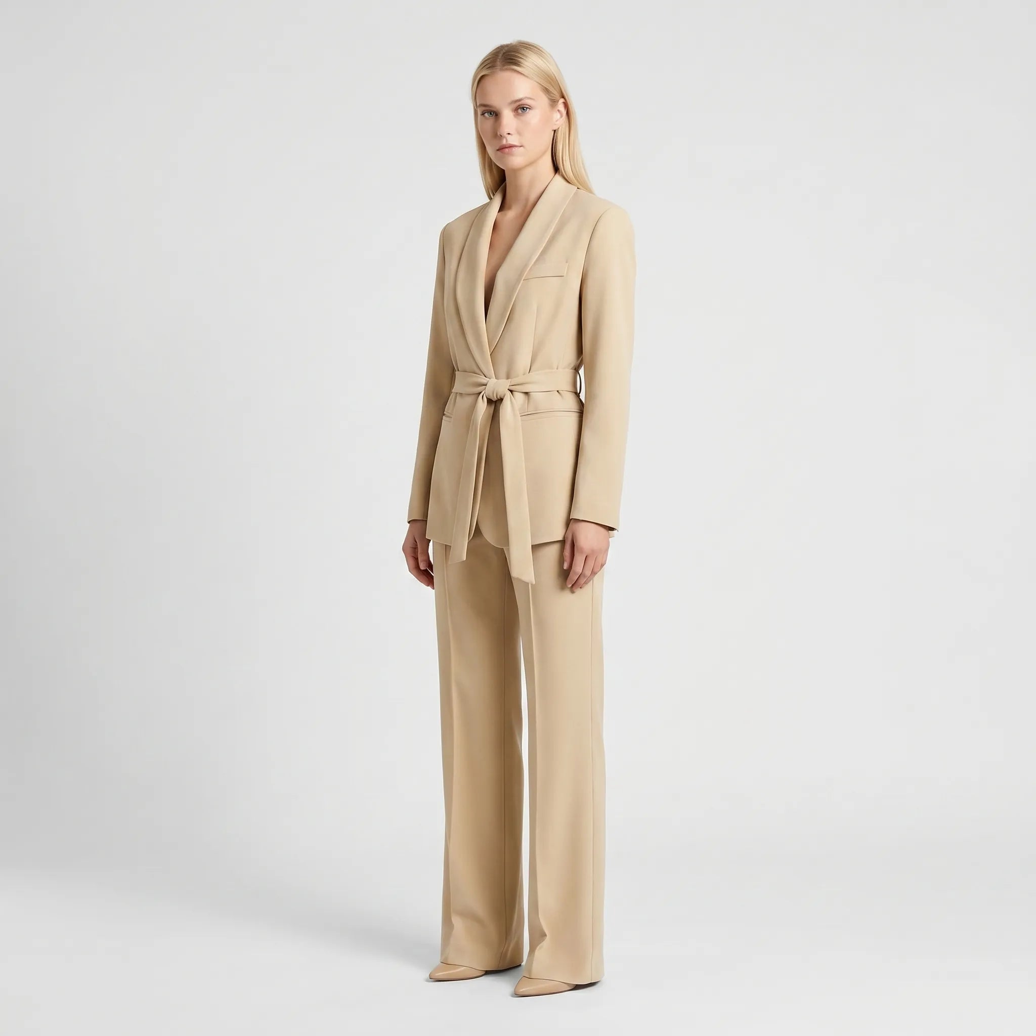 Women's Belted Blazer and Wide Leg Pants 2 Piece Suit Set