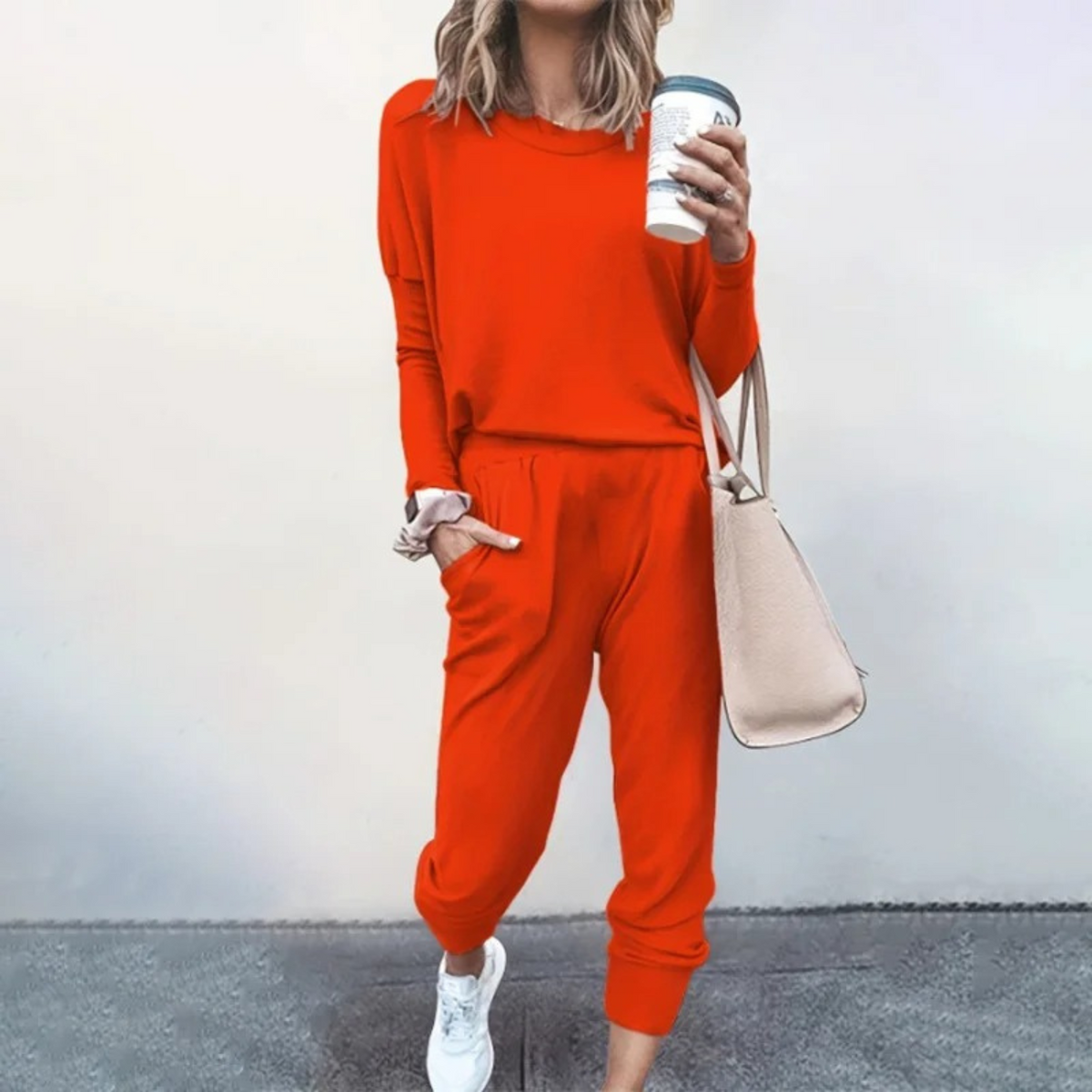 Women's Relaxed Long-Sleeve Top and Jogger Set - Orange