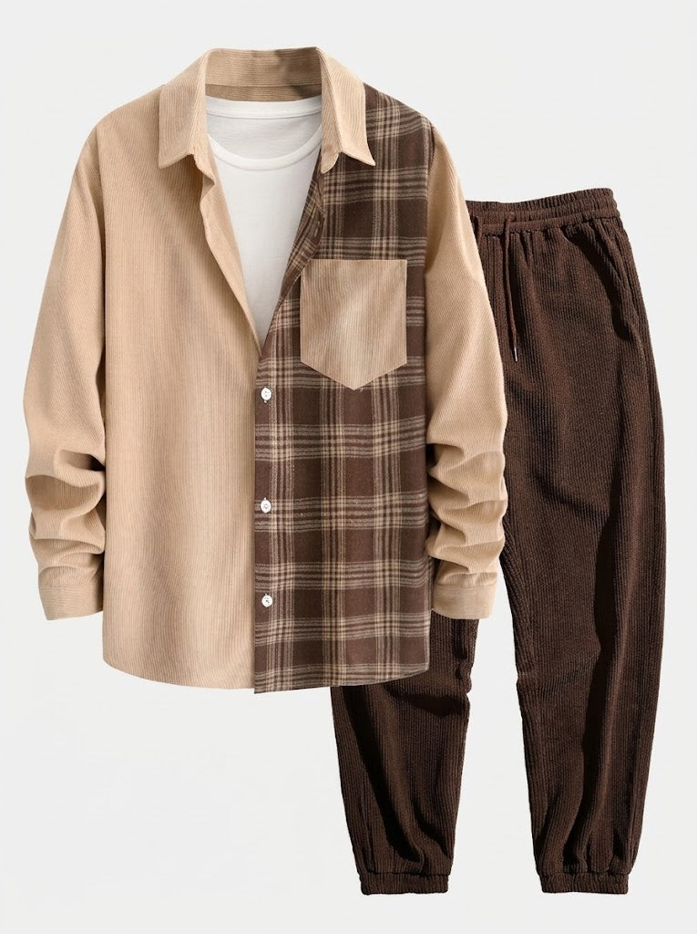 Men's Corduroy Button Shirt and Jogger Pants Set - Black