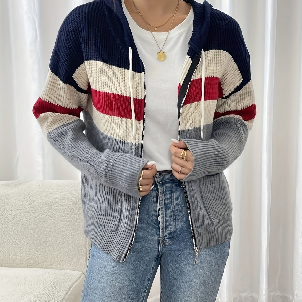 Women's Ribbed Color-Block Hooded Zip Cardigan - Polychrome
