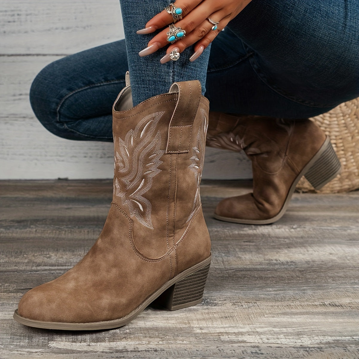 Women's Camel Wide Calf Western Cowboy Boots
