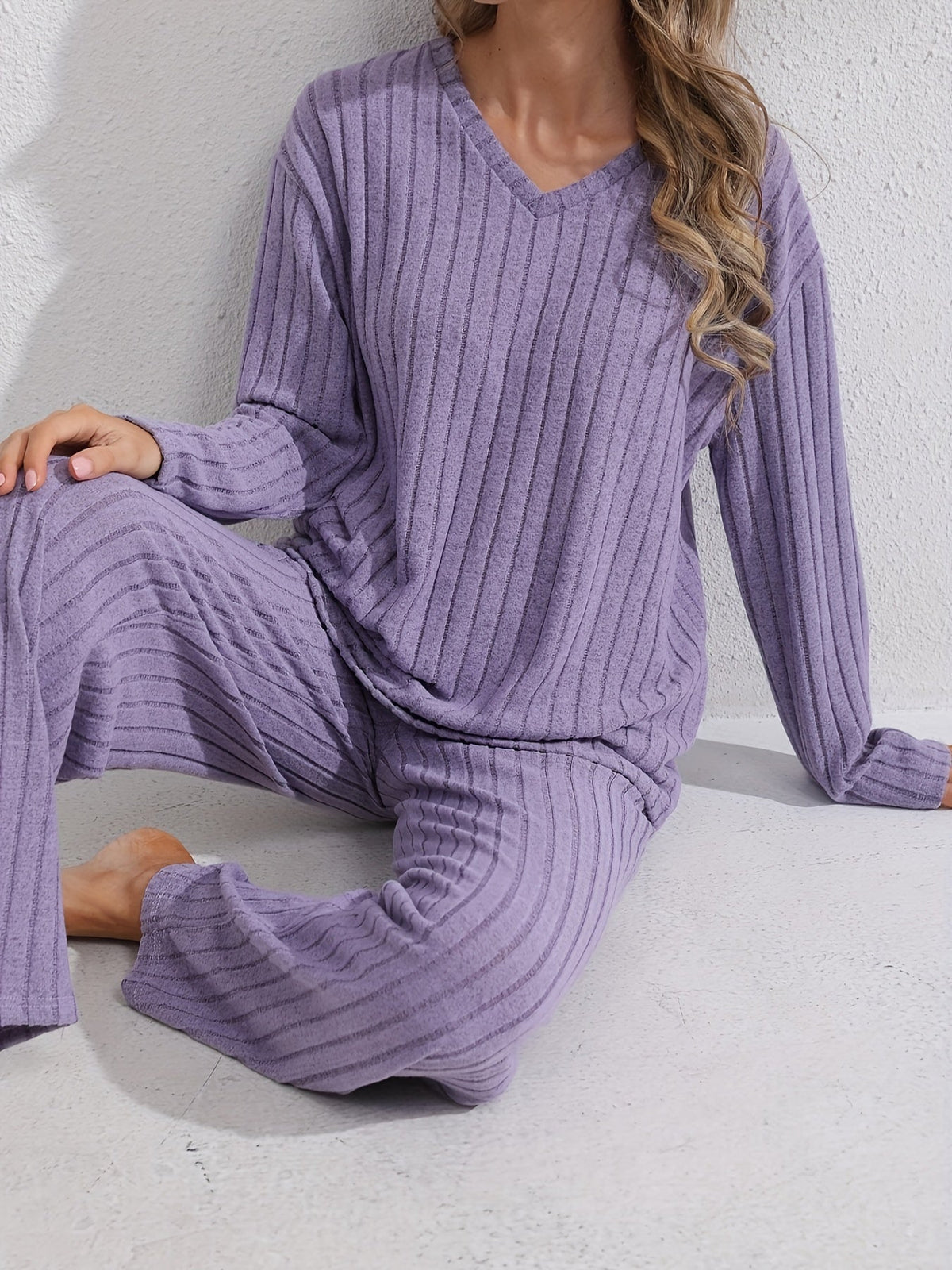 Women's Ribbed V-Neck Top and Relaxed Pants Set