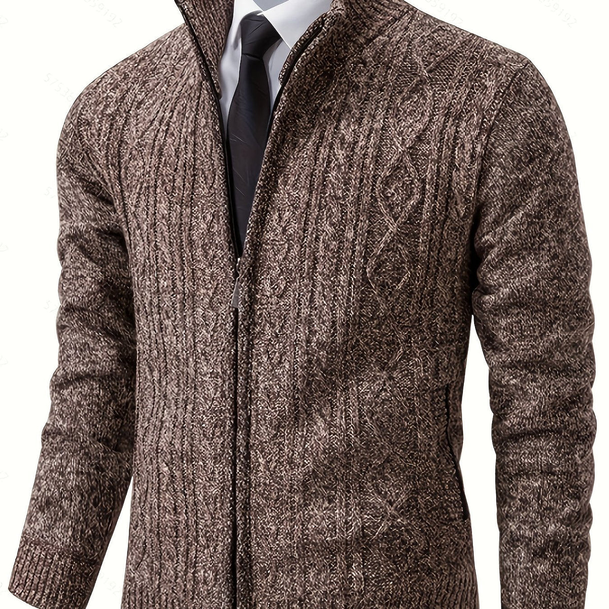 Men's Cable-Knit Stand Collar Full-Zip Cardigan
