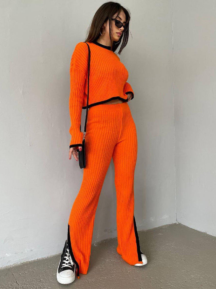 Women's Ribbed Cropped Knit Top and Straight-Leg Pants Set - Orange