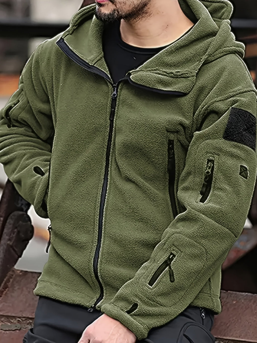 Men's Rugged Hooded Zip-Up Jacket with Zip Pockets