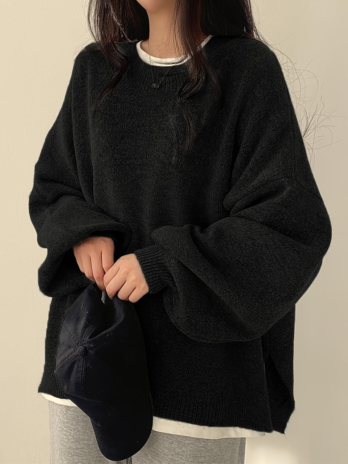 Women's Thick Knit Relaxed Round Neck Drop-Shoulder Pullover