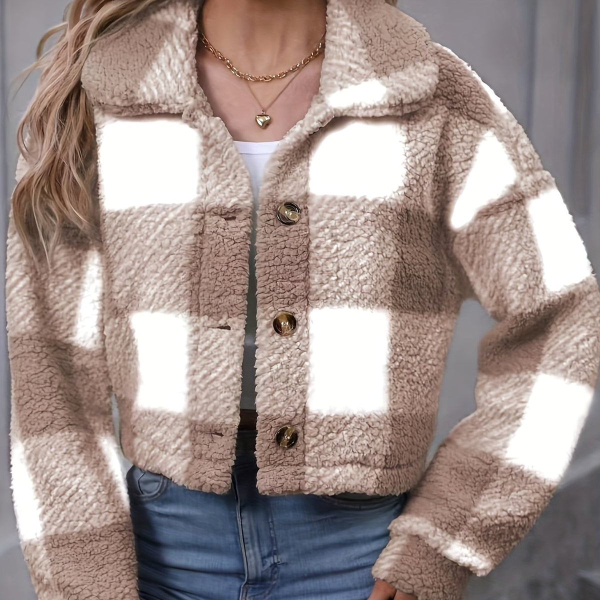Women's Cropped Plaid Button-Front Jacket - Khaki