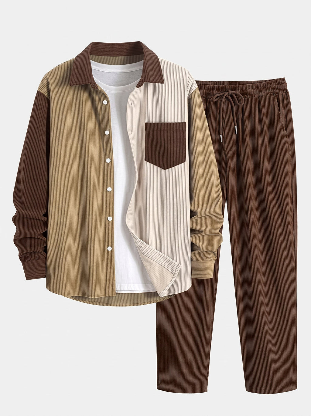 Men's Corduroy Shirt and Straight-Leg Trousers Set - Khaki/Dark Brown