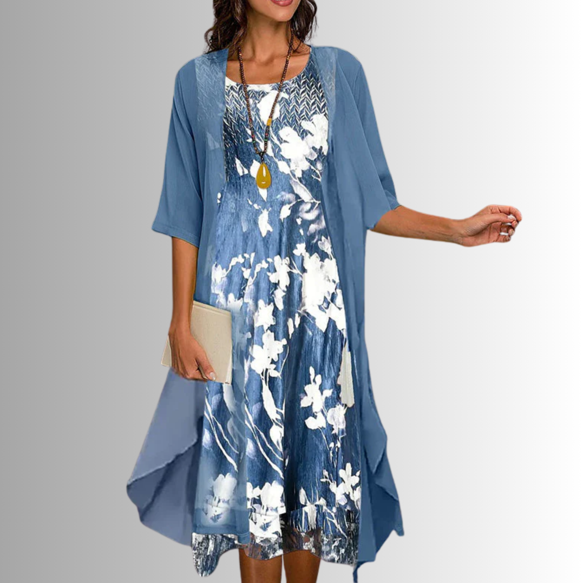 Women's Floral Midi Dress with Cardigan