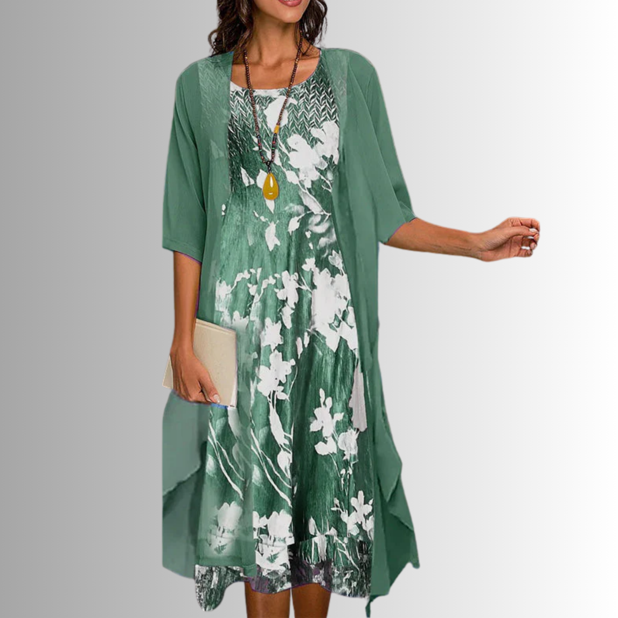 Women's Floral Midi Dress with Cardigan