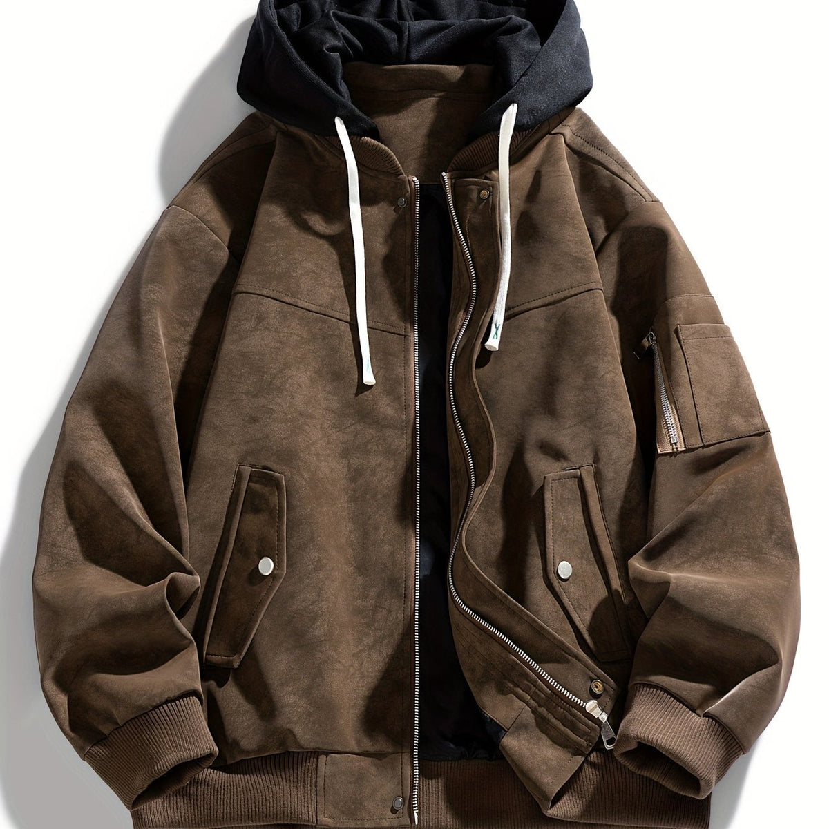 Women's Relaxed Fit Hooded Zip-Up Jacket with Sleeve Pocket - Coffee Color