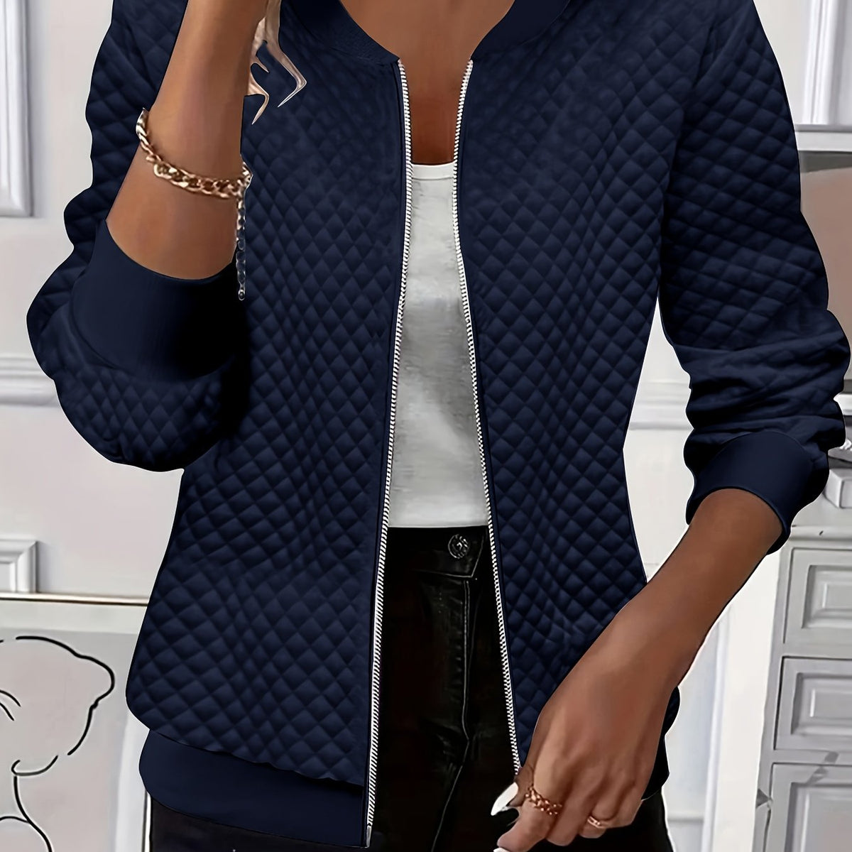 Women's Quilted-Texture Baseball Collar Jacket