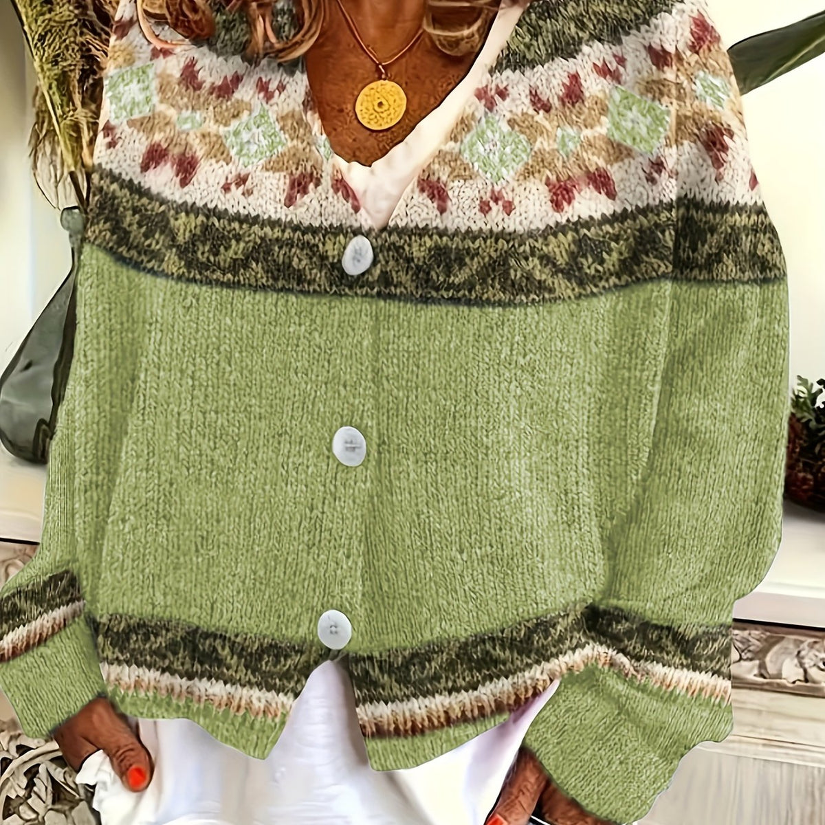 Women's Geometric Yoke Button-Front Cardigan - Light Green