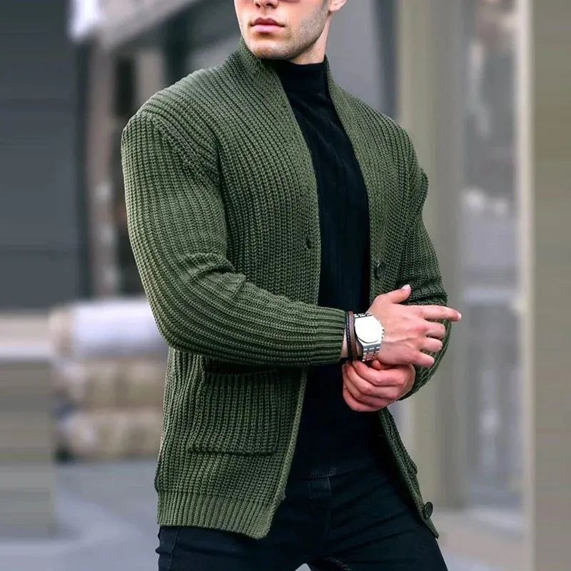 Men's Relaxed Open-Neck Knit Cardigan with Pockets - Army Green