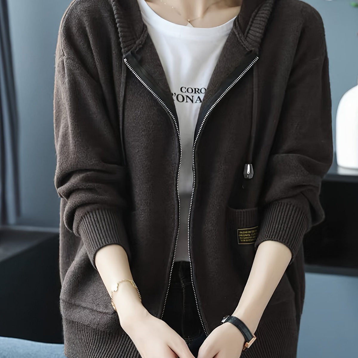 Women's Zip-Up Hooded Cardigan with Pockets - Coffee Color