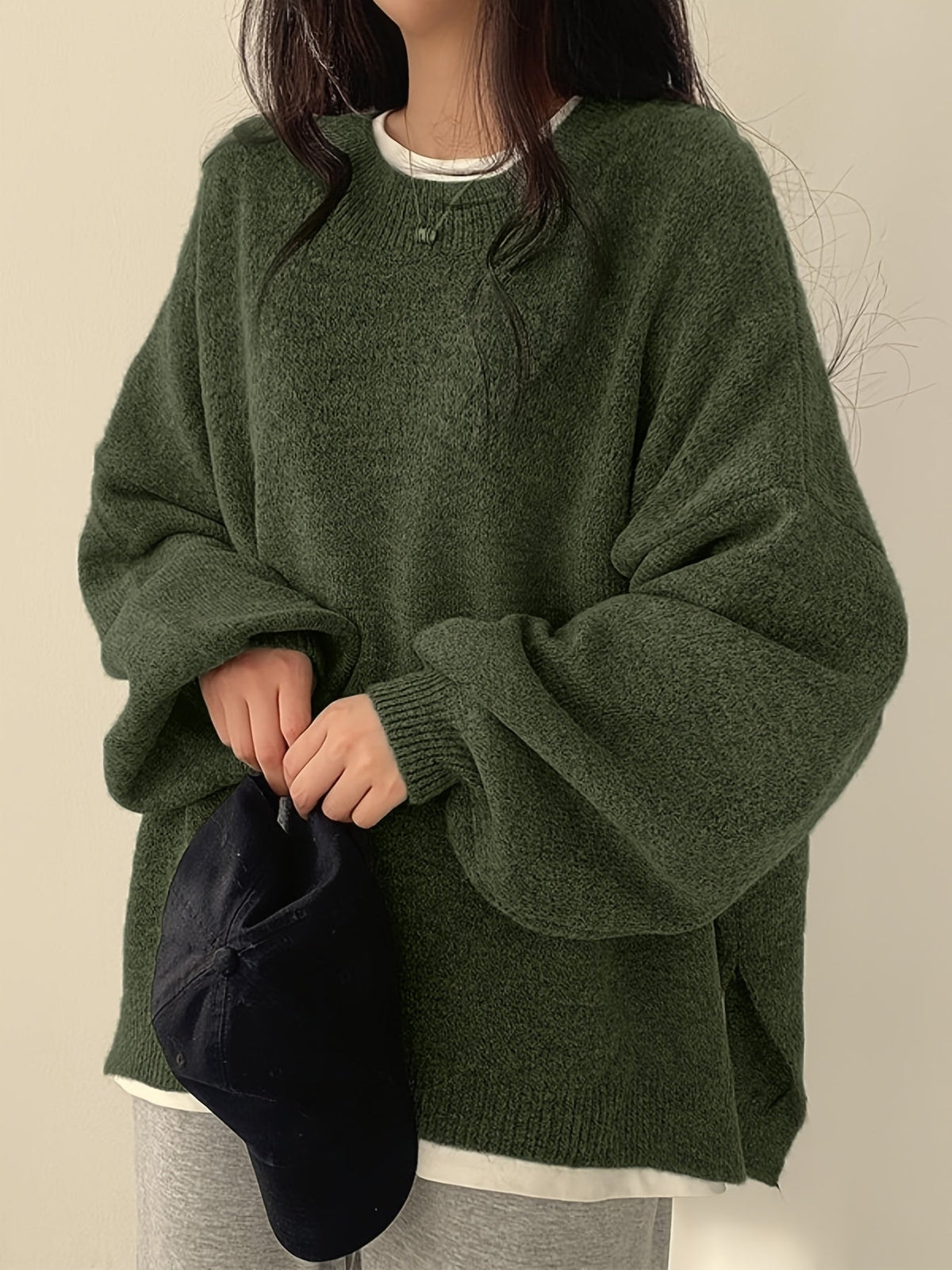 Women's Thick Knit Relaxed Round Neck Drop-Shoulder Pullover
