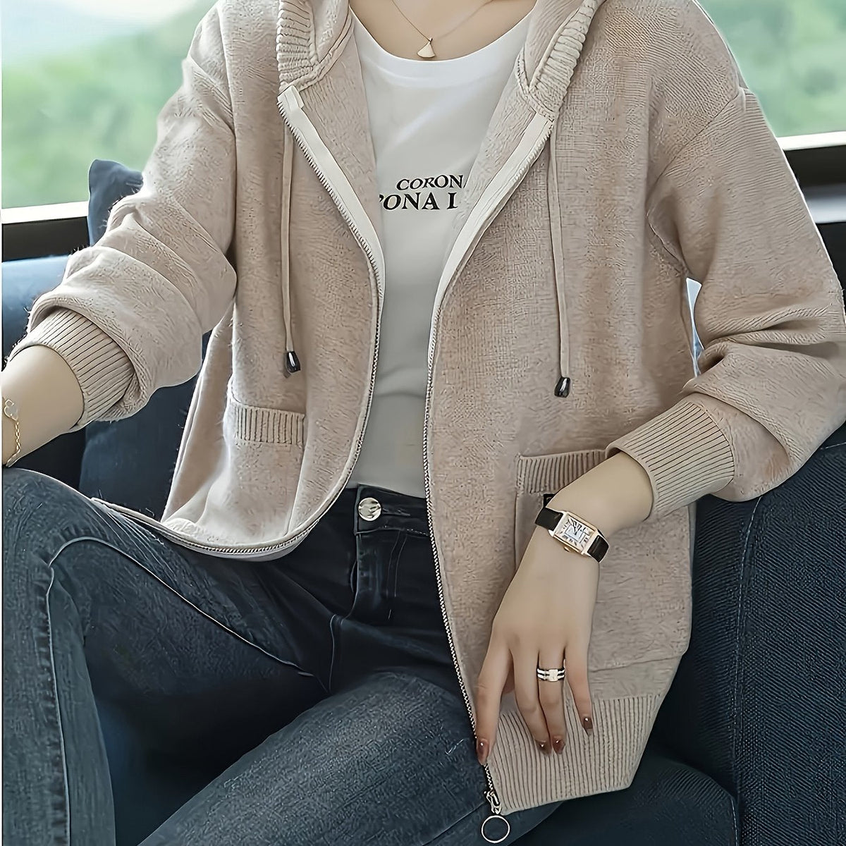 Women's Zip-Up Hooded Cardigan with Pockets - Apricot