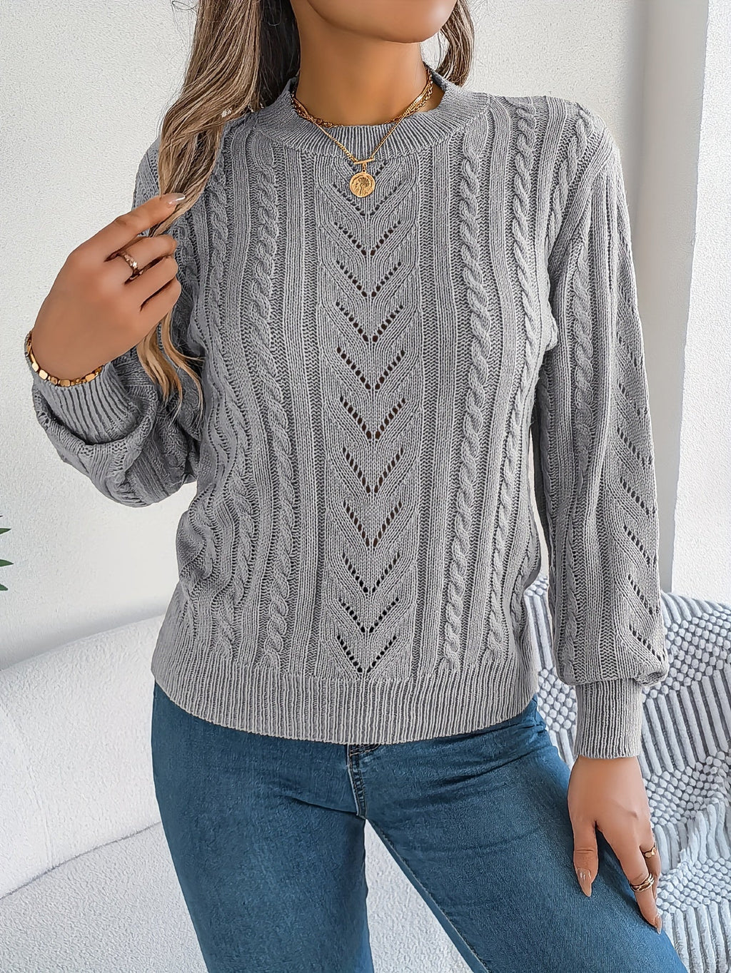 Women's Cable-Knit Openwork Round-Neck Sweater