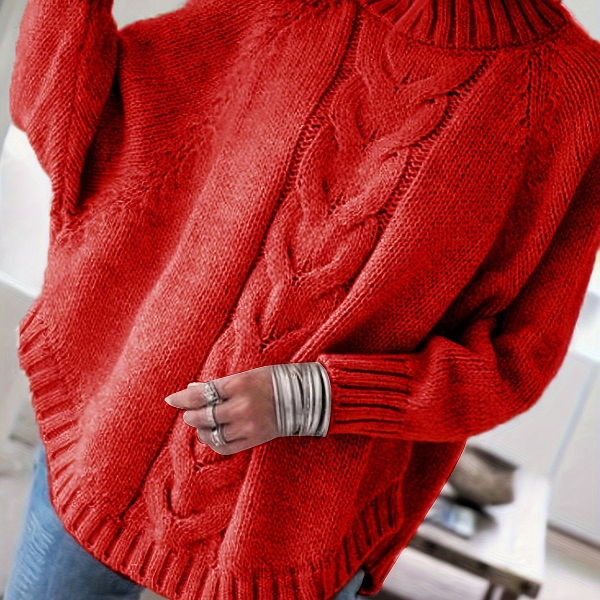 Women's Cable-Knit High Neck Relaxed Sweater