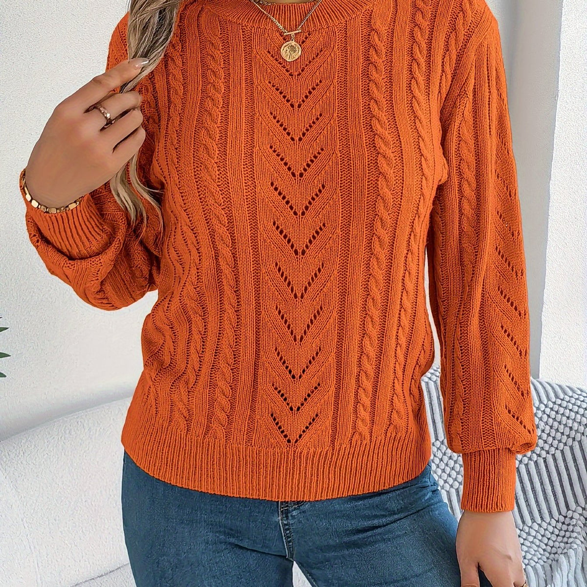 Women's Cable-Knit Openwork Round-Neck Sweater