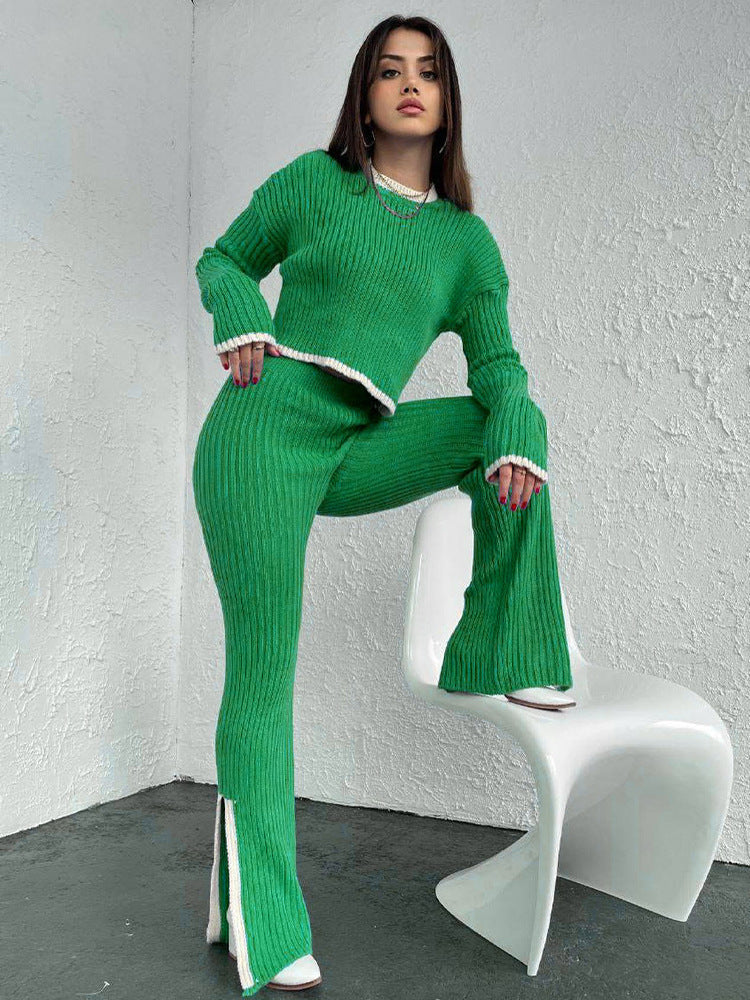 Women's Ribbed Cropped Knit Top and Straight-Leg Pants Set - Green