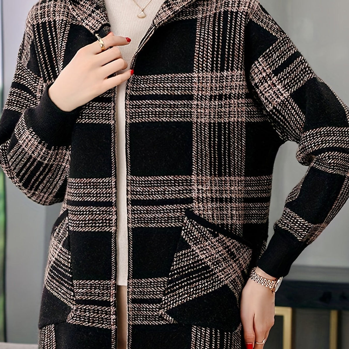 Women's Loose Fit Check Pattern Hooded Zip Jacket - Camel