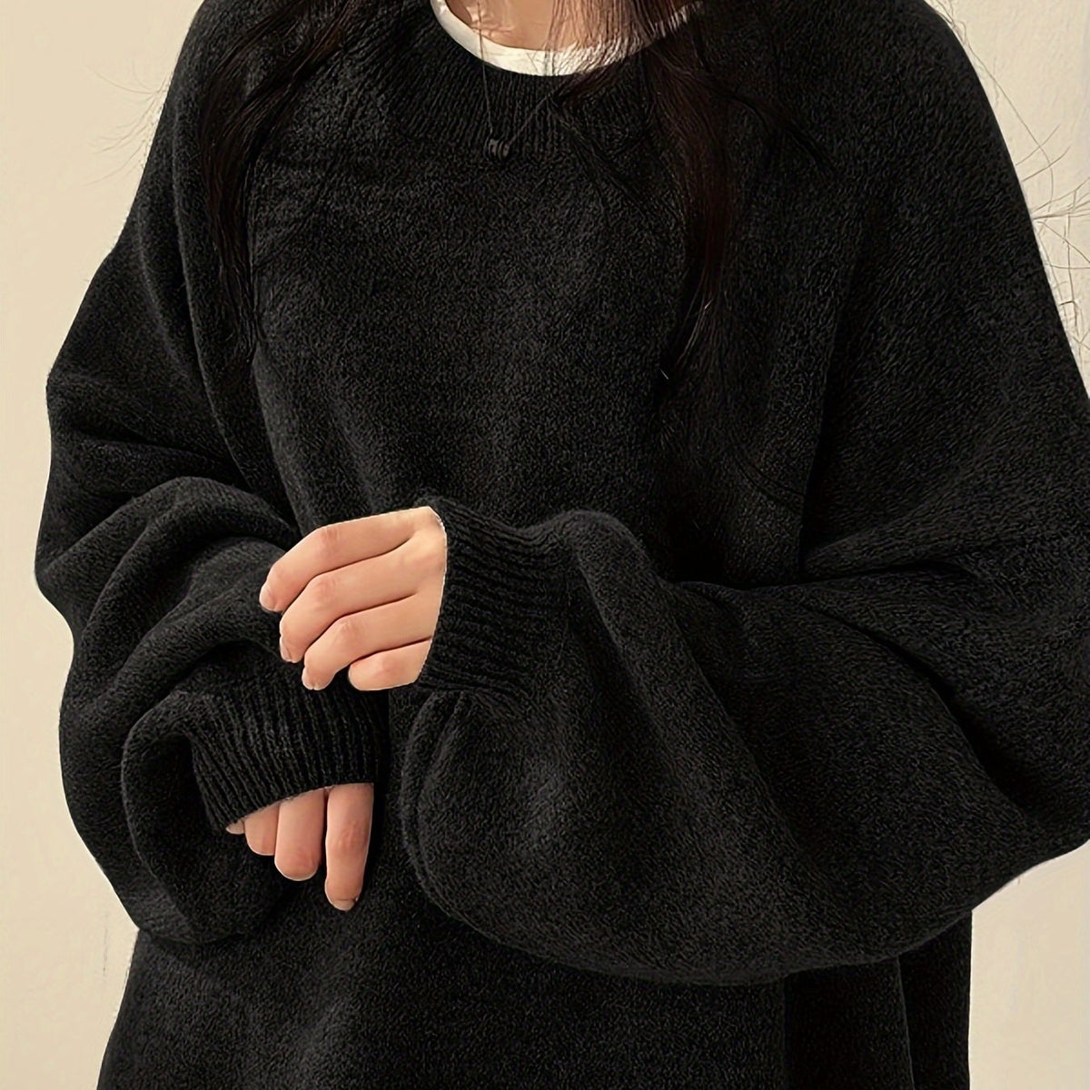 Women's Thick Knit Relaxed Round Neck Drop-Shoulder Pullover - Black
