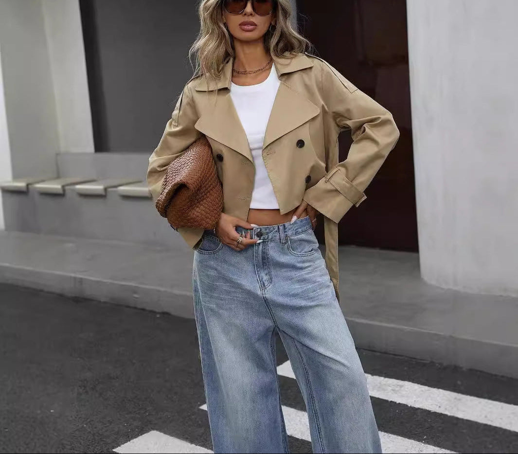 Women's Cropped Trench Jacket Modern Double-Breasted Layer for City Wear