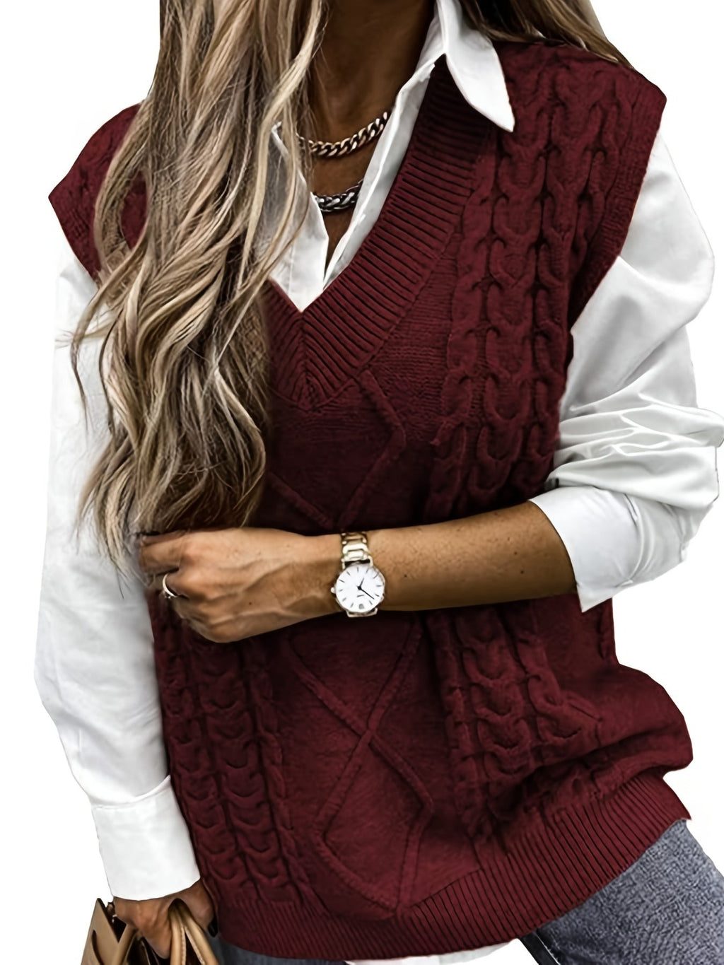 Women's Cable-Knit V-Neck Sweater Vest
