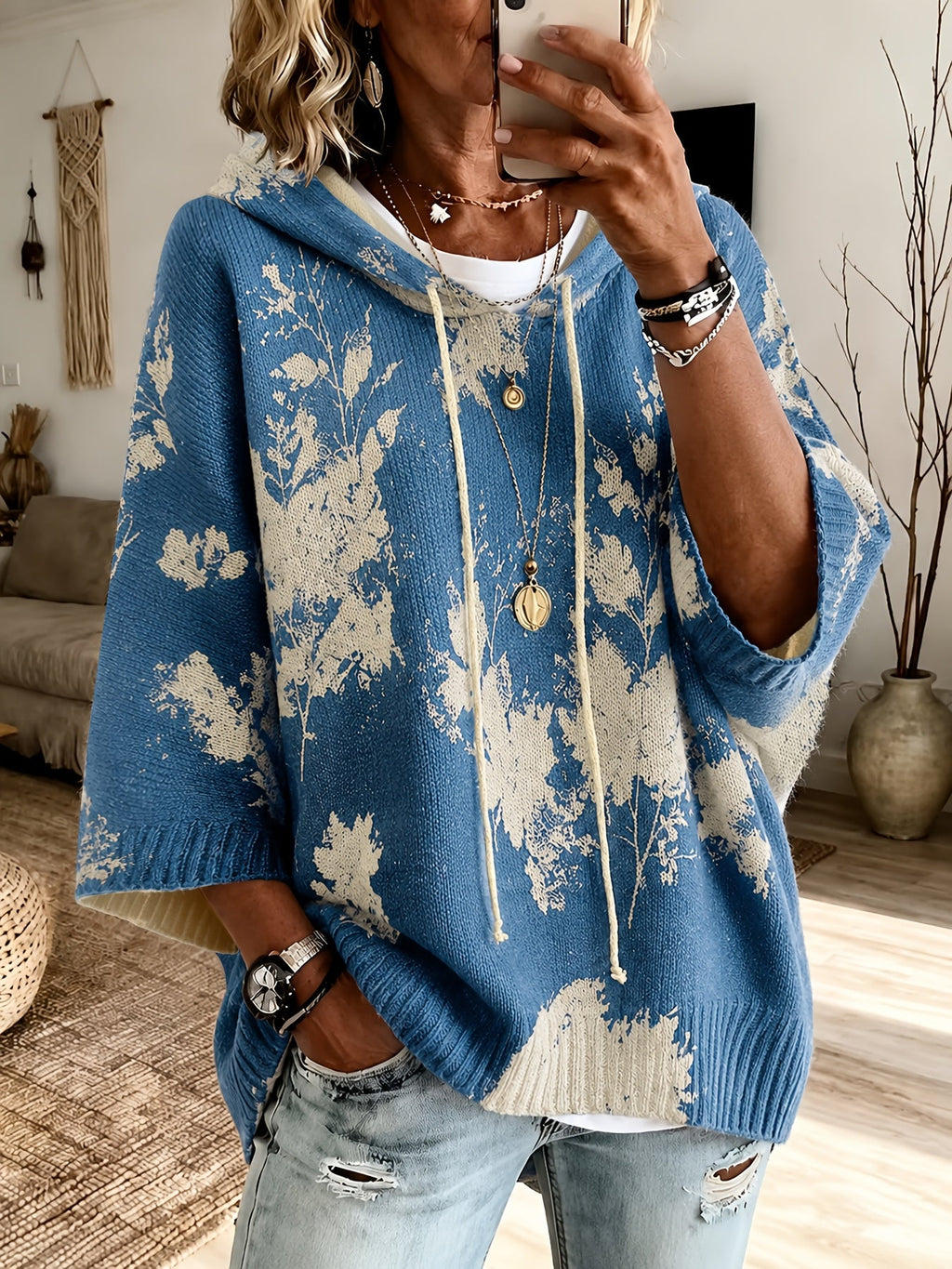 Women's Hooded Floral Cape Sweater with Drawstring